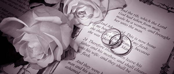 WEdding rings on Bible with roses