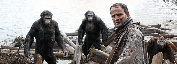 Dawn of Planet of the Apes - Three apes and man standing scene