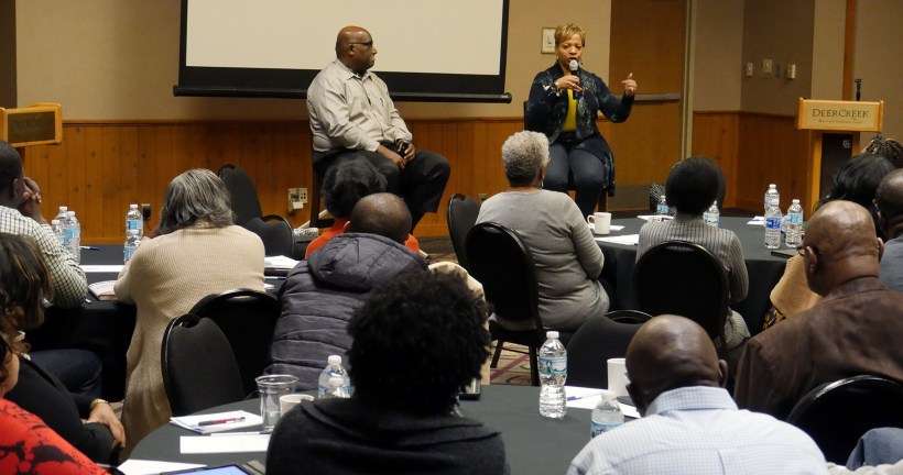 Bishop Malone and Bishop Palmer leading conversation